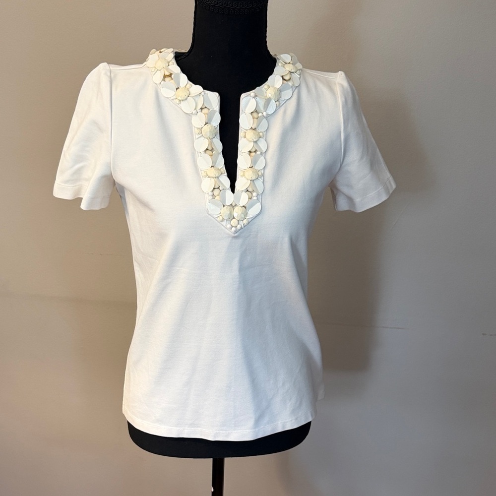 Tory Burch Ivory Embellished Floral Neckline Top XS
